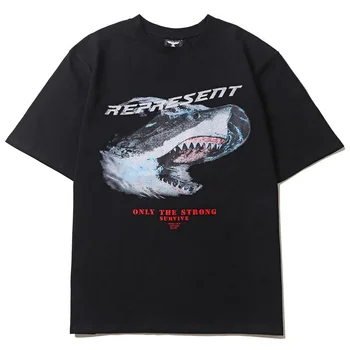הקיץ Harajuku גברים חולצה היפ הופ אופנת רחוב שרוול קצר מכותנה משובחת כריש המודפס טי שיר יוניסקס גודל גדול חולצה
